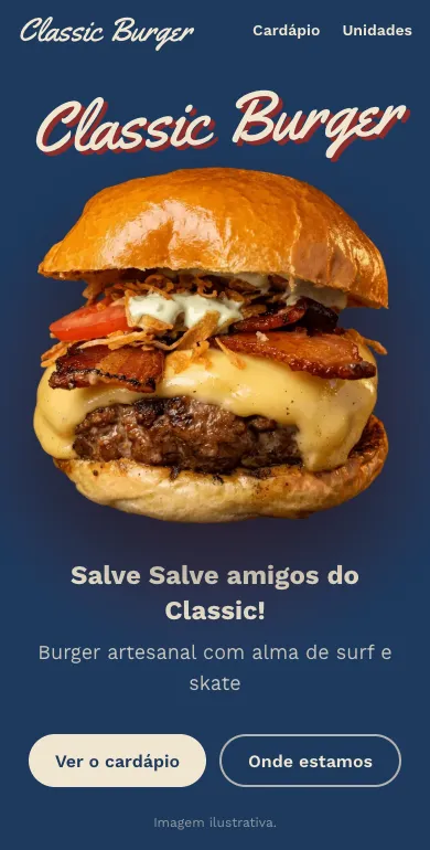 Site da Classic Burger no celular, com os botões Ver o cardápio e Onde estamos