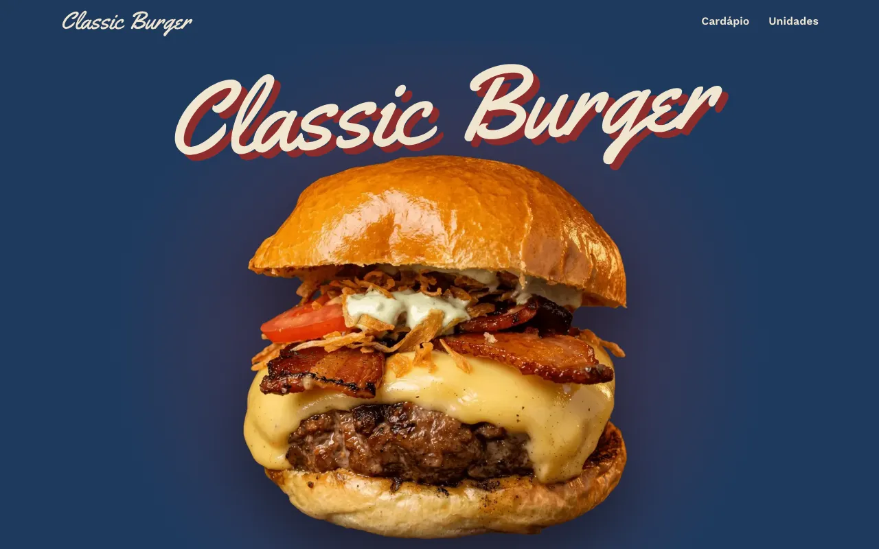 Página inicial do site da Classic Burger, com um hambúrguer em destaque