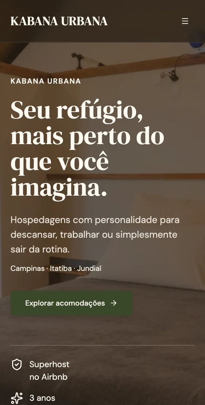 Site da Kabana Urbana no celular, com o botão Explorar acomodações