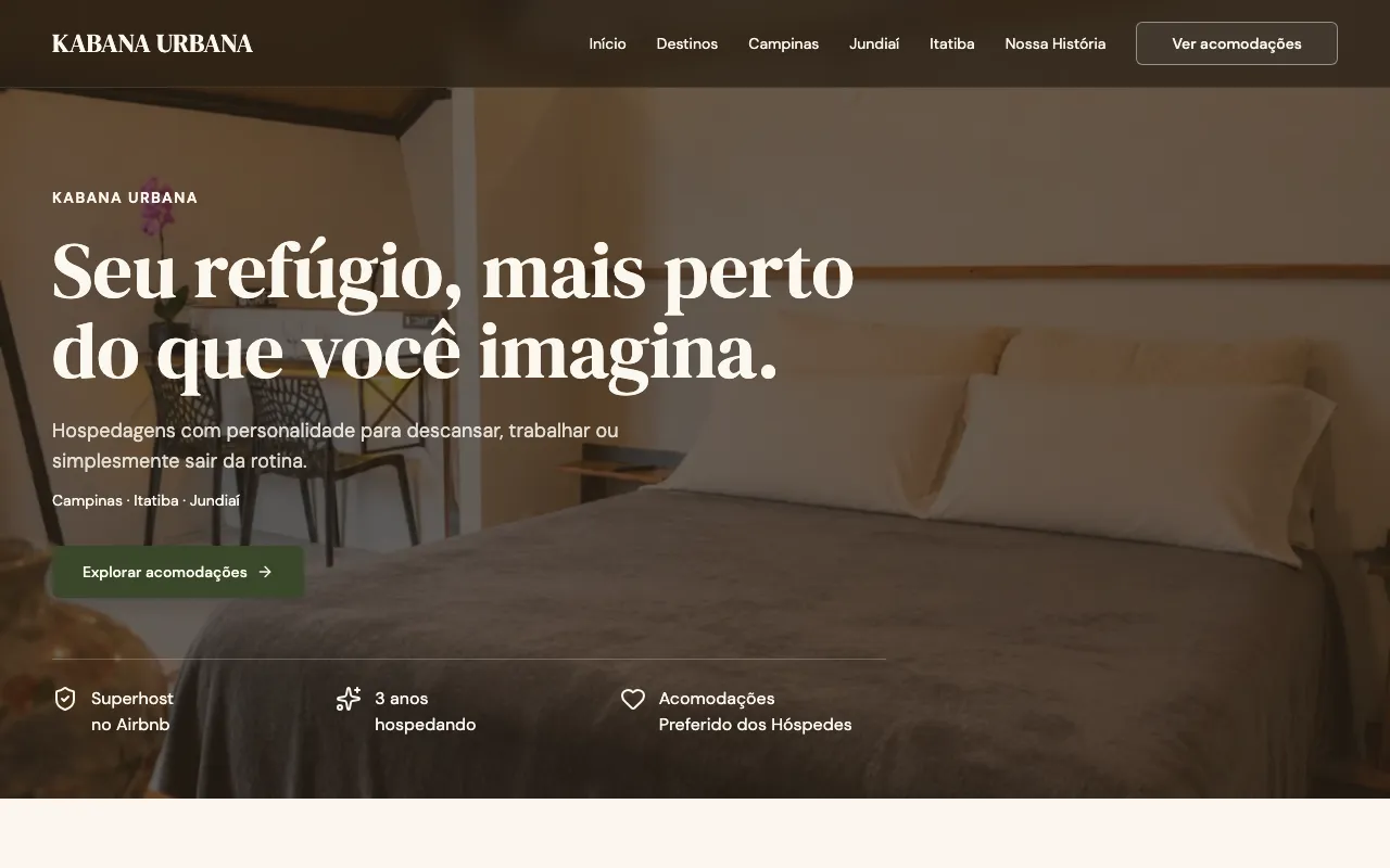 Site da Kabana Urbana no computador, com o título Seu refúgio, mais perto do que você imagina