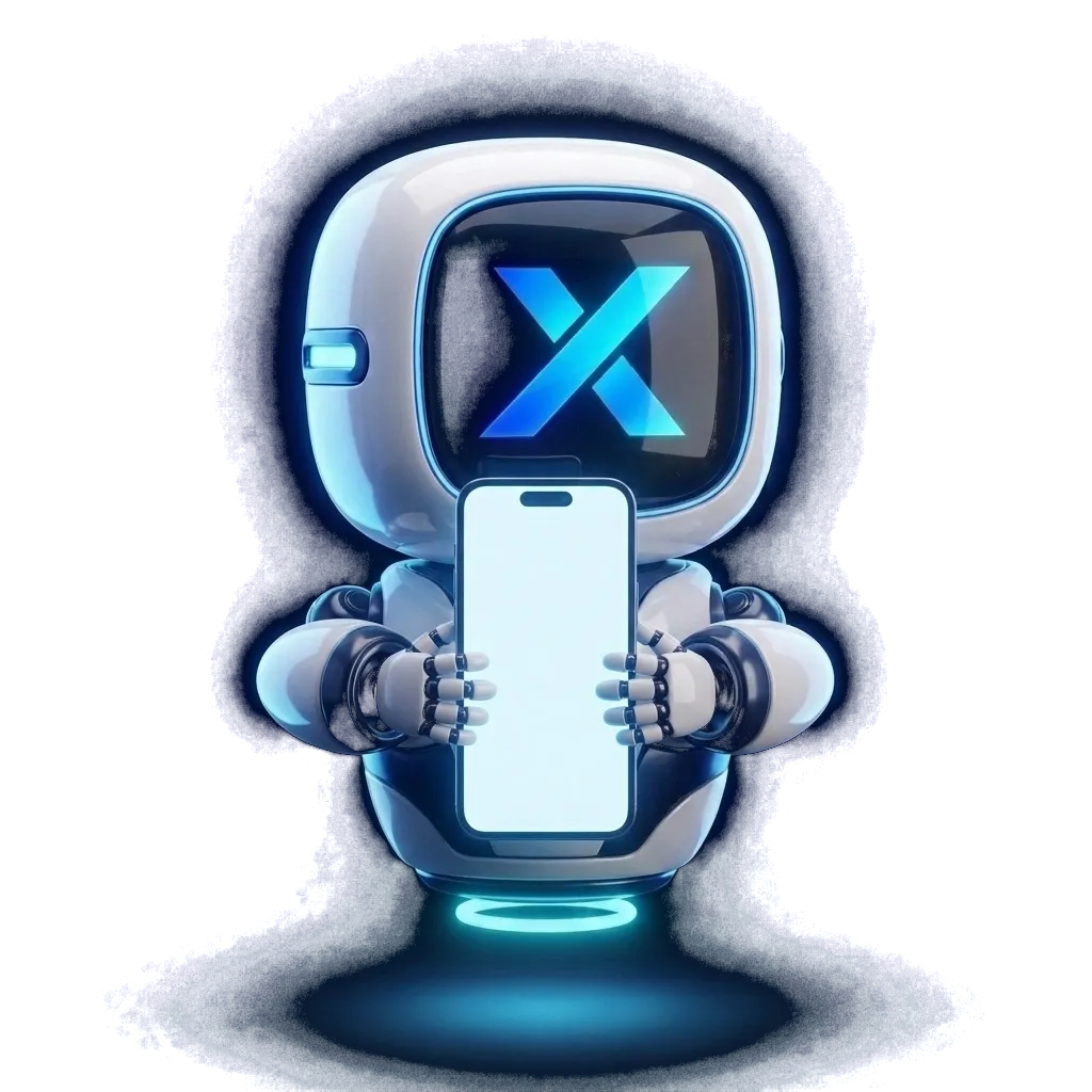 Robô da VTX segurando um celular